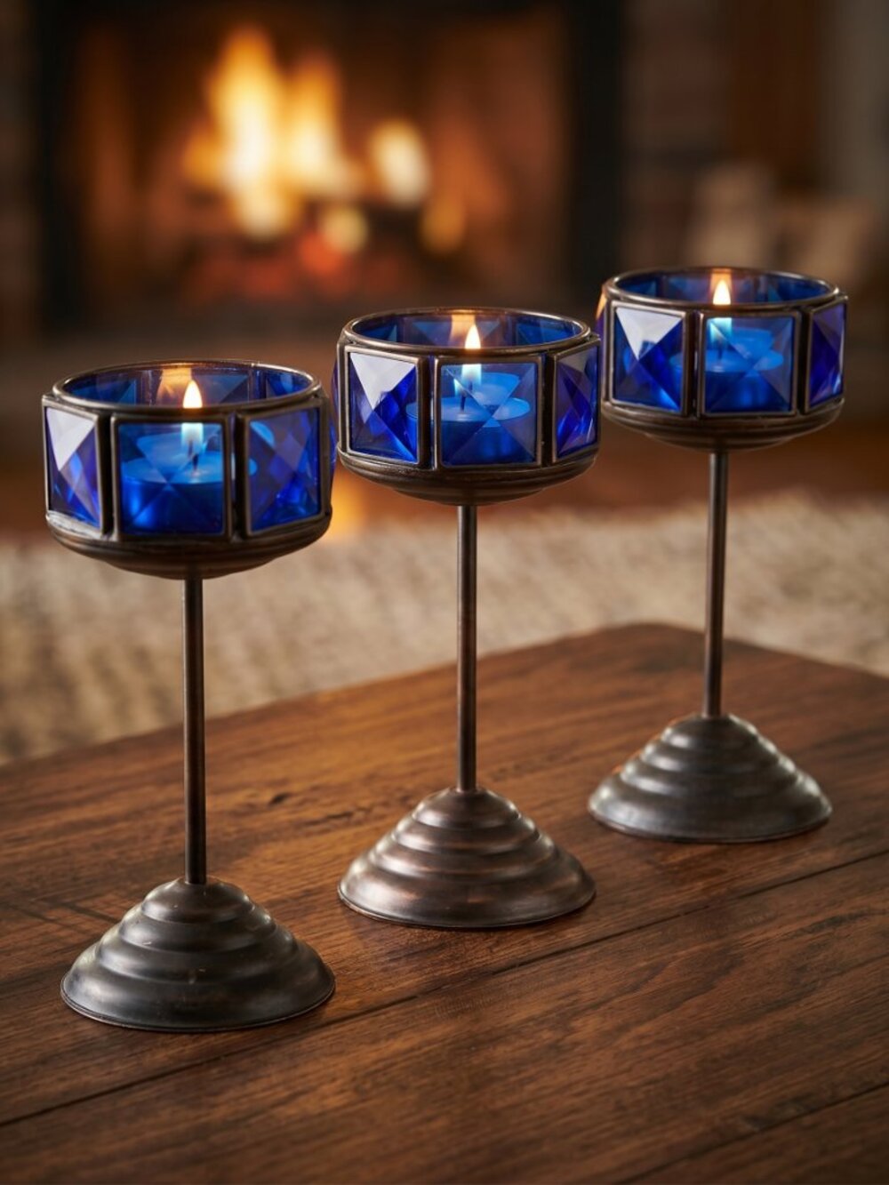 Vintage Set of 3 Long Stem Copper Metal Blue Tealight Candle Holders Home Decor